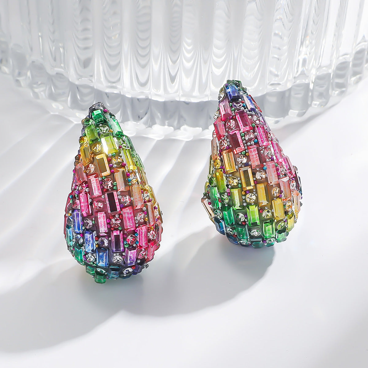 European and American Cross-border New Water Drop Round Stained Glass Full Diamond Light Luxury Earrings Fashion Earrings High-end Earrings for Women