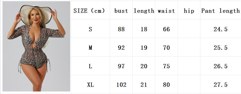 2025 New European and American Amazon Explosions Women's Split Swimwear Blouse Three-piece Set Gather Pleated Swimwear High Waist