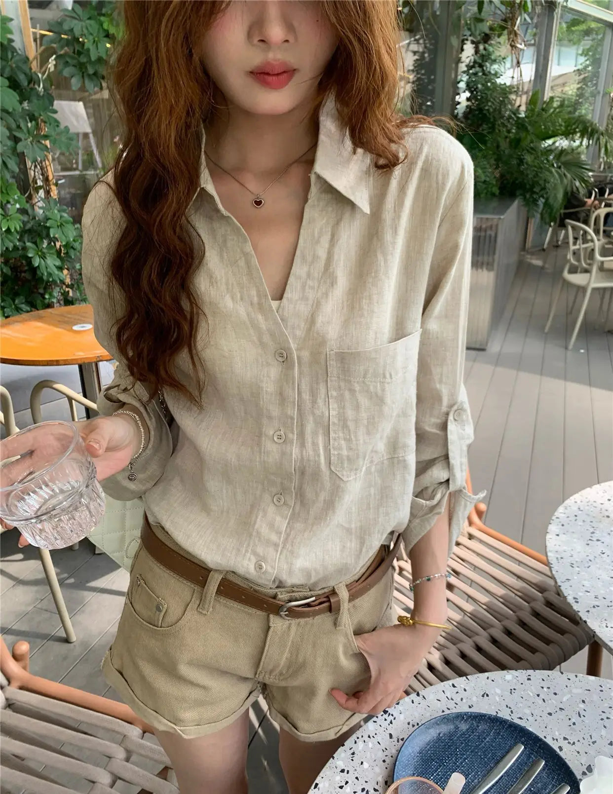 Women Old Money Linen Shirt Lapel V Neck Roll Tab Sleeve Loose Oversized Sun Protection Casual Blouse Summer Tops