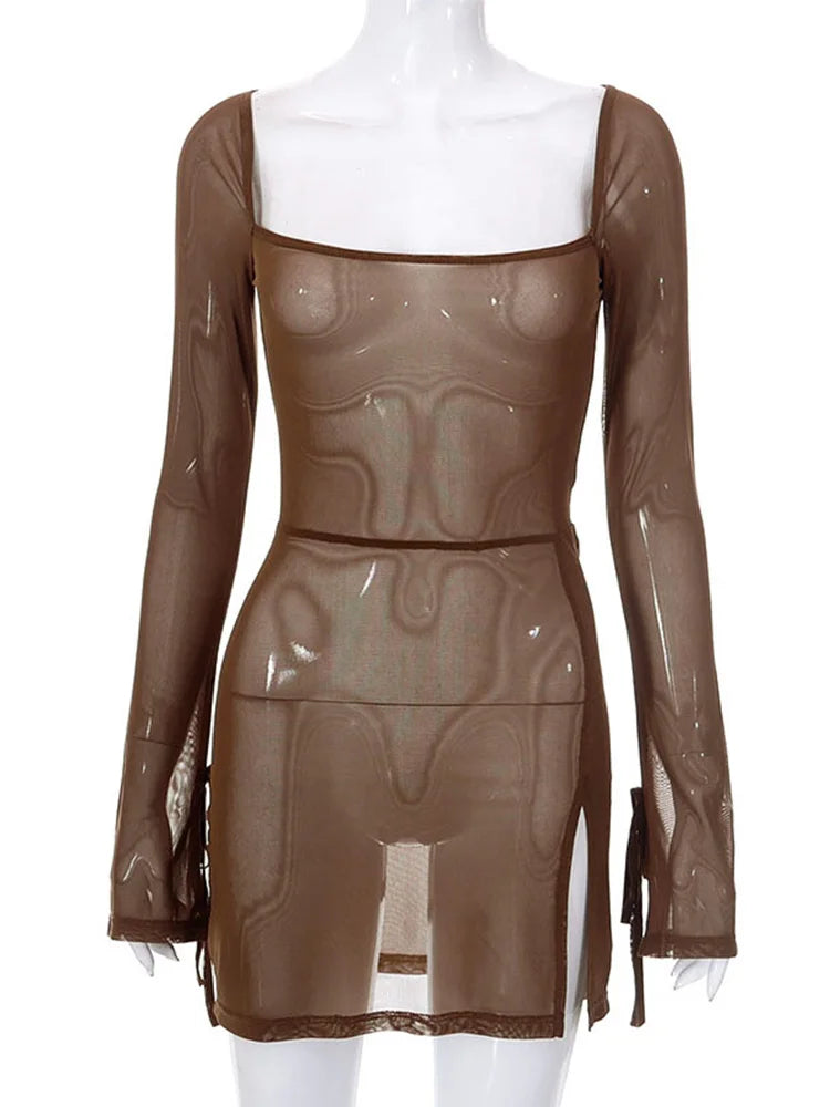 Square Collar Solid Mini Dress For Women Y2k Clothes Gauze Sexi Night Dress Hot Club Outfits Sheer Vestidos De Mujer Long Sleeve