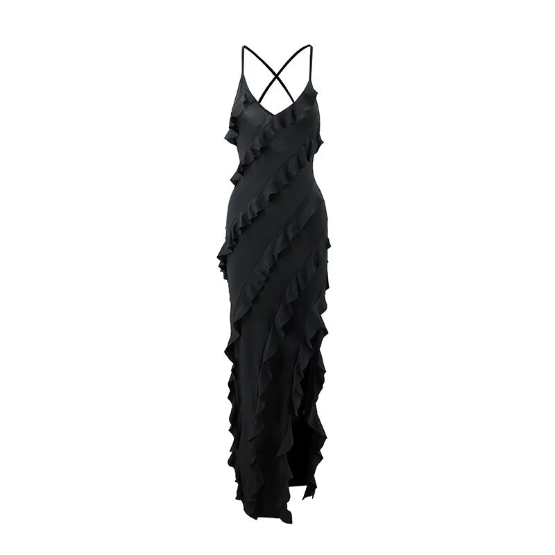 Sexy Ruffles Sling Maxi Dress Women Sleeveless Backless V-neck Party Evening Dresses French Summer Lady Elegant Slim Split Robes