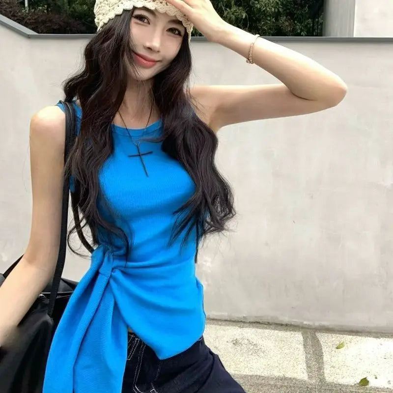 Women's Blue Ribbed Knit Tank Top Side Tie Asymmetrical Hem Sleeveless Casual Crop Top
