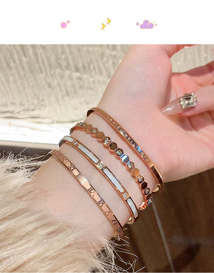 Rose Gold Titanium Steel Bracelet Women's High-end Bracelet Light Luxury Niche Zircon Bracelet Plain Ring Bracelet Hand Jewelry