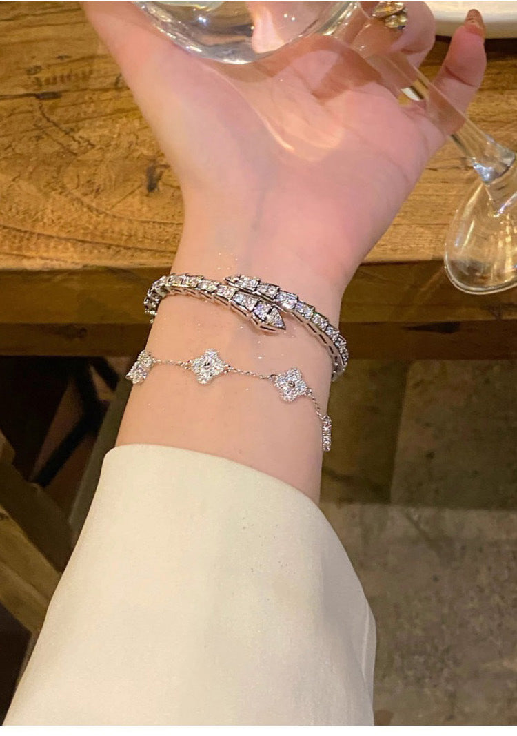 South Korea Ins Zircon Flower Leaf Bracelet Fashion Niche Design Sense Bracelet Light Luxury Shining Silver Bracelet suit