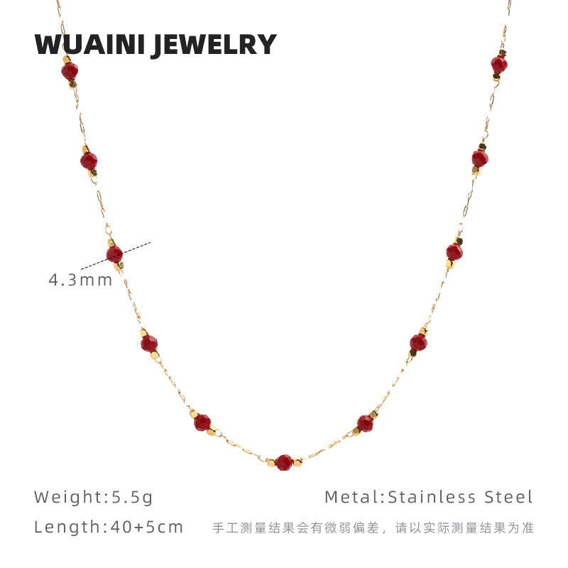French Retro Interval Red Spinel Beaded Necklace Titanium Steel Electroplated 18K Gold High-grade Women's Clavicle Chain Light Luxury