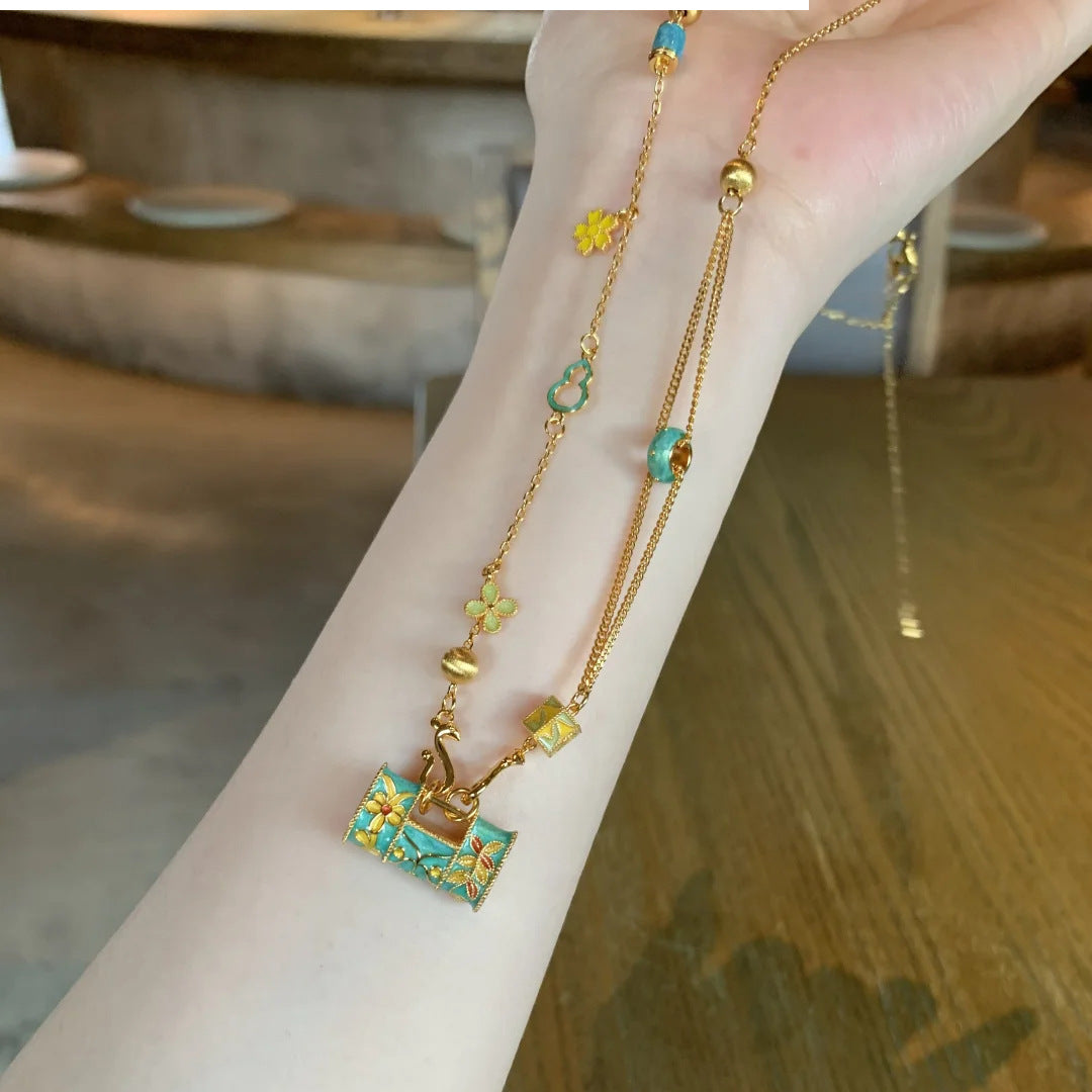 New Boutique Light Luxury High-grade Brushed Inlaid Zircon Enamel Longlife Lock Necklace Female Niche All-match Clavicle Chain