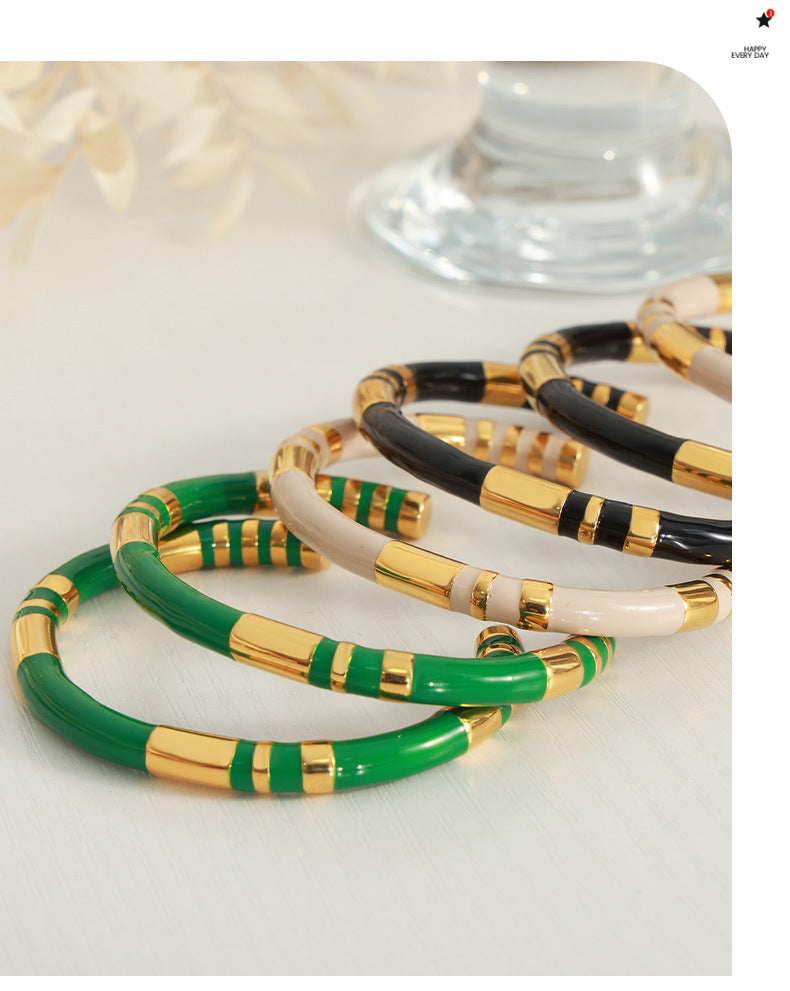 French Retro Bracelet Niche Design Personalized Wind Weight Glaze Bracelet Open Contrast Color Bamboo Gold-plated Bracelet for Women