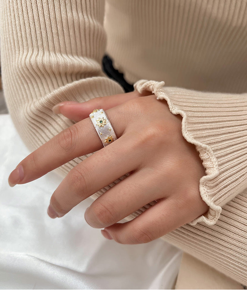 Cloth Style Retro Green Sparkling Diamond Starburst Ring Women's Ring Niche Design 2024 New Trendy Korean Accessible Luxury