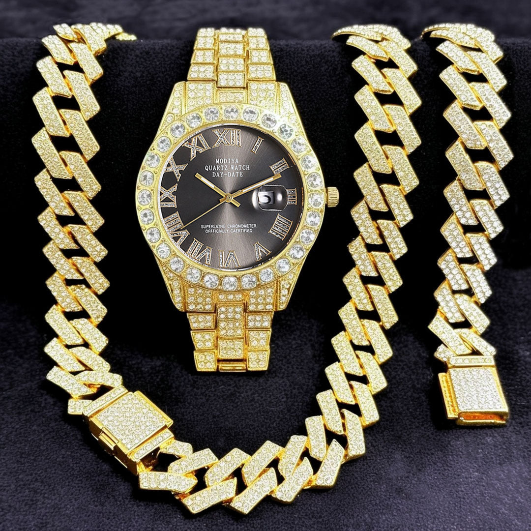 Women's 16-Piece Crystal Watch & Jewelry Set of Various Diamond-Encrusted Watches, Diamond-Shaped Cuban Bracelets and Necklaces