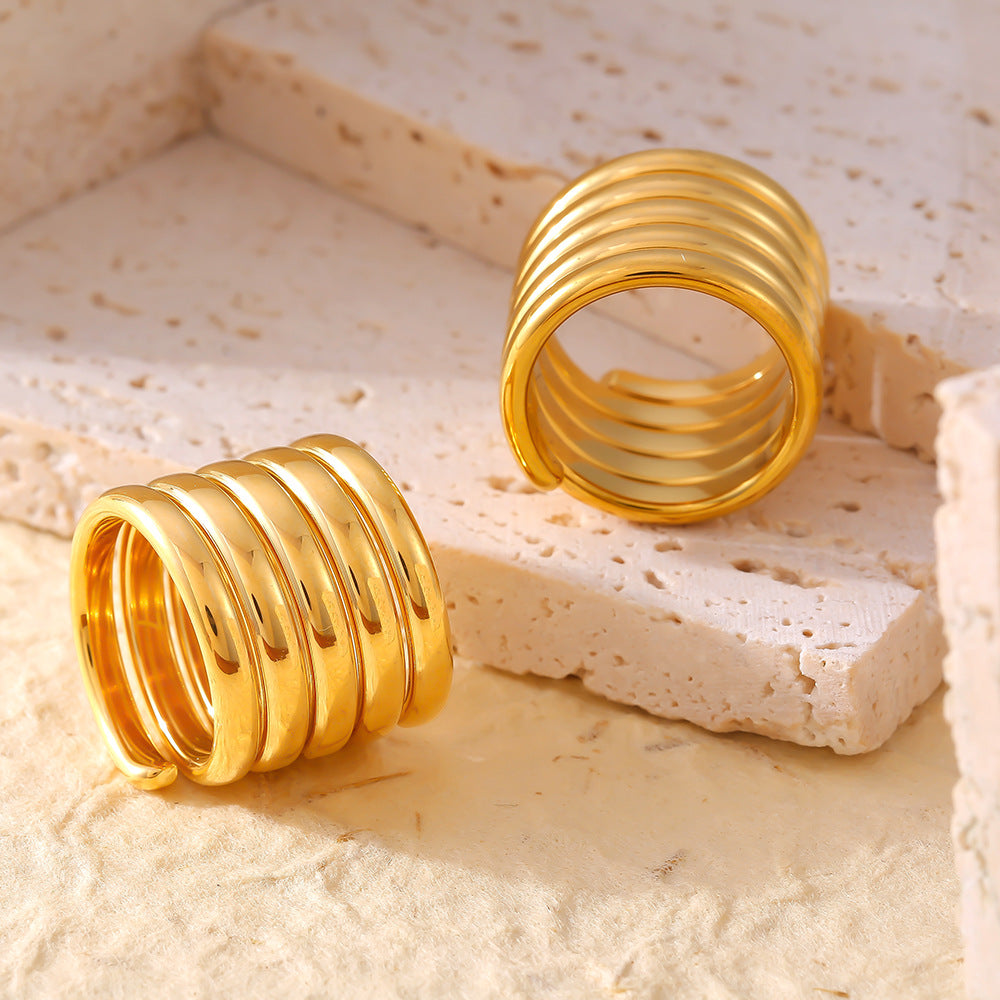 Baroque cross-border new geometric multi-layer winding wide version ring stainless steel plated 18k gold light luxury texture ring