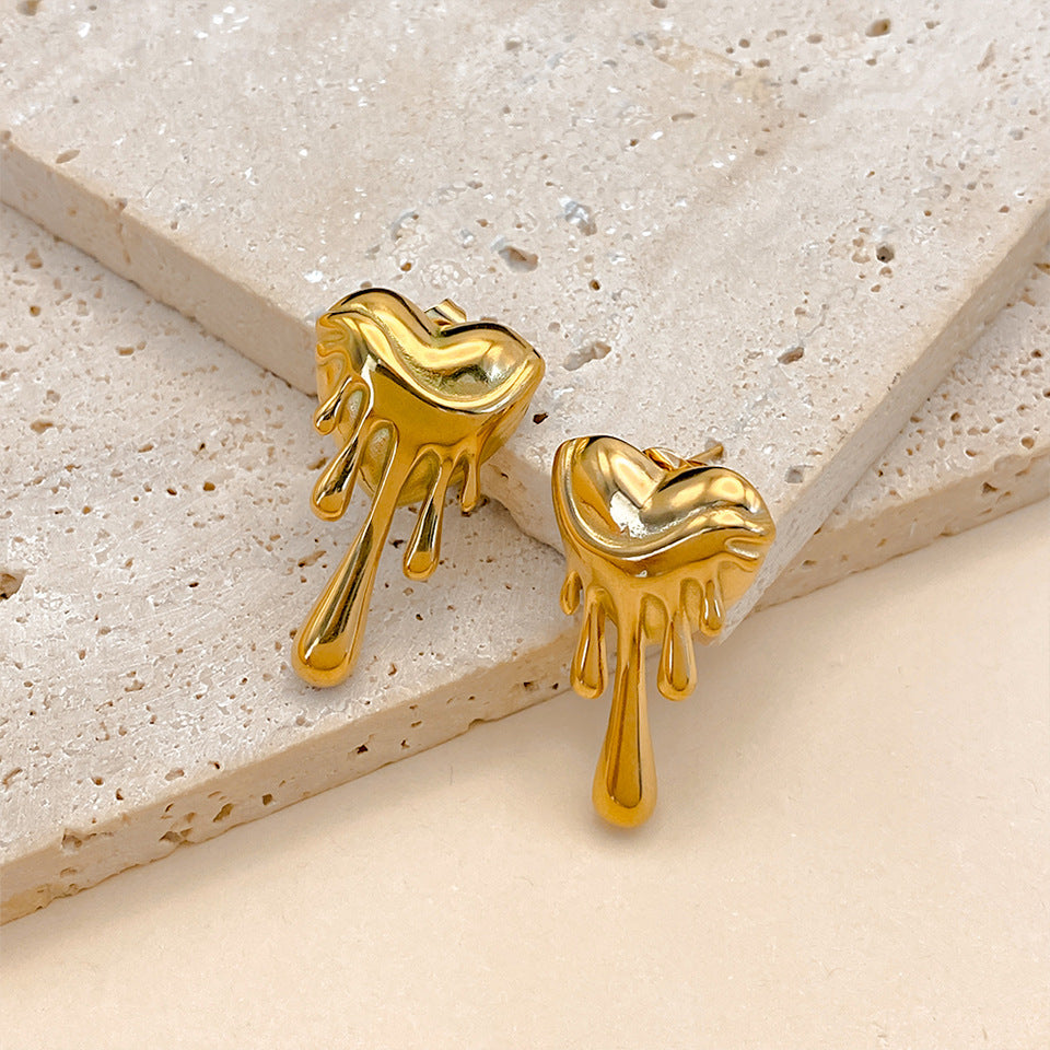 European and American Niche Design Melting Heart Earrings, Light Luxury Gold Lava Drop Heart-Shaped Earrings, Unique and Bold