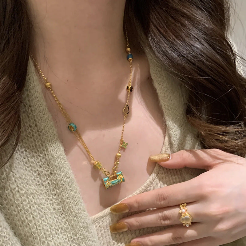 New Boutique Light Luxury High-grade Brushed Inlaid Zircon Enamel Longlife Lock Necklace Female Niche All-match Clavicle Chain