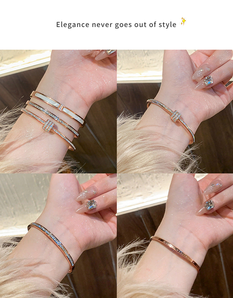 Rose Gold Titanium Steel Bracelet Women's High-end Bracelet Light Luxury Niche Zircon Bracelet Plain Ring Bracelet Hand Jewelry