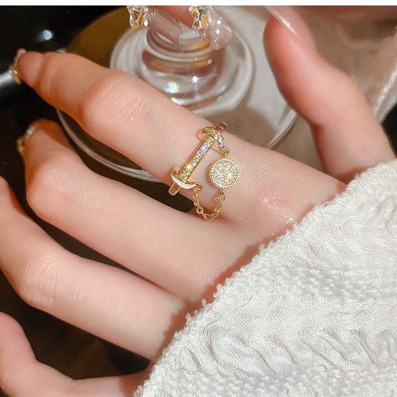 Zircon Diamond Round Chain Tassel Real Gold-plated Ring Niche Light Luxury High-end All-match Open Finger Ring