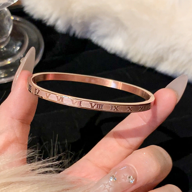Rose Gold Titanium Steel Bracelet Women's High-end Bracelet Light Luxury Niche Zircon Bracelet Plain Ring Bracelet Hand Jewelry