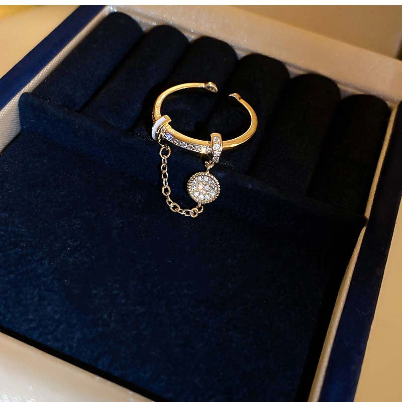 Zircon Diamond Round Chain Tassel Real Gold-plated Ring Niche Light Luxury High-end All-match Open Finger Ring