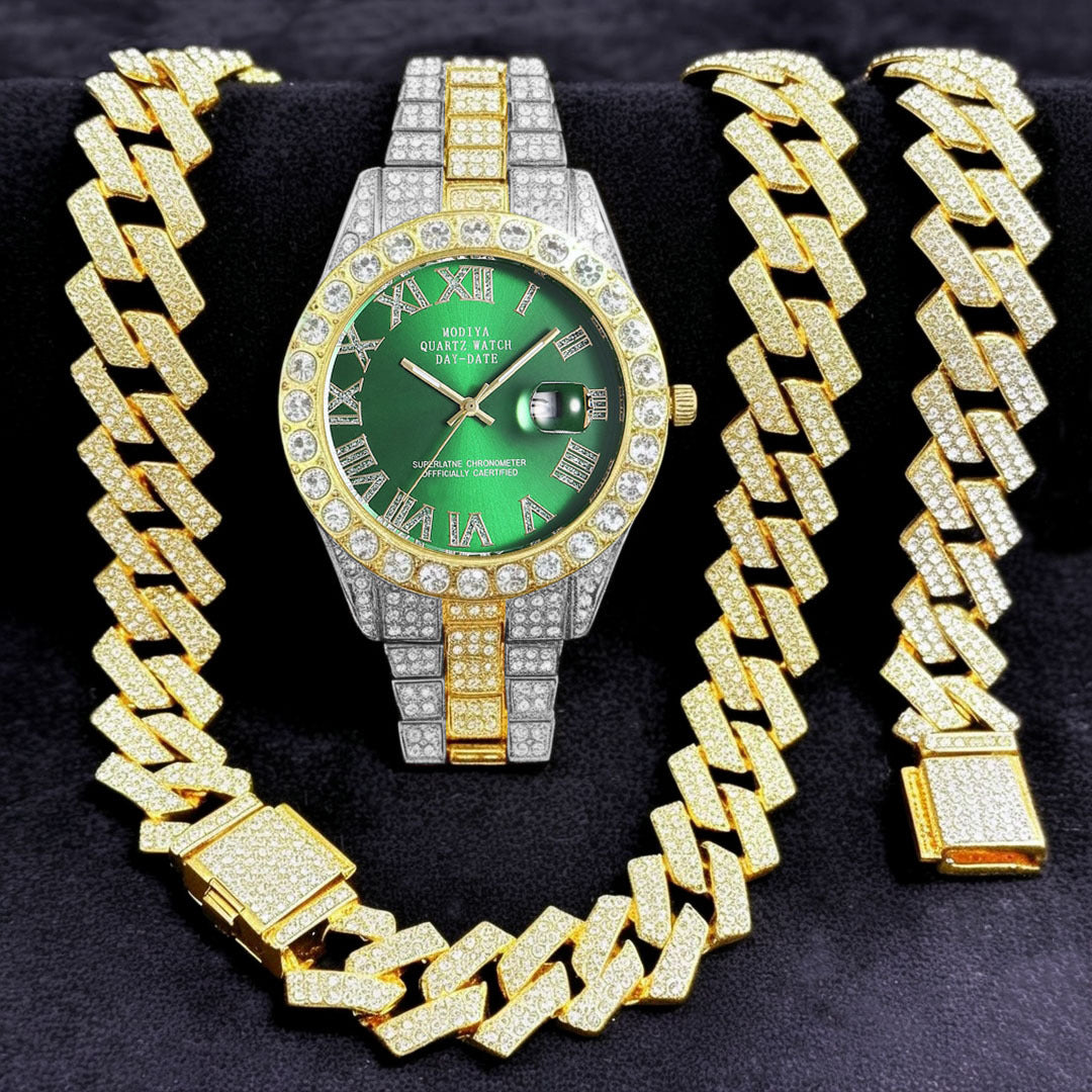 Women's 16-Piece Crystal Watch & Jewelry Set of Various Diamond-Encrusted Watches, Diamond-Shaped Cuban Bracelets and Necklaces