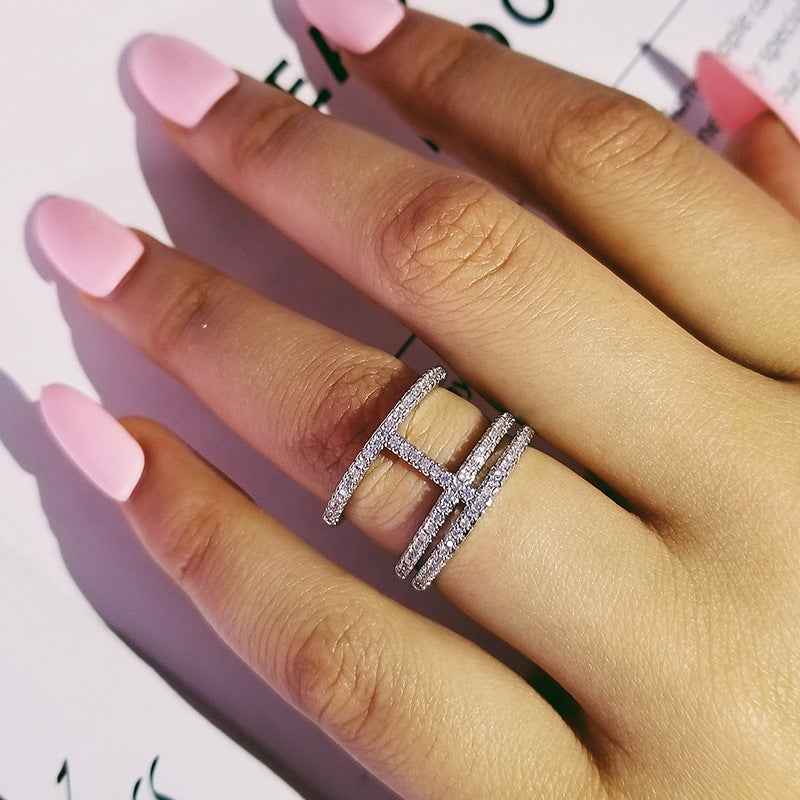 Amazon Supply Hot Selling Creative Irregular Geometric Hollow Women's Aaa Zircon Ring in stock R4875