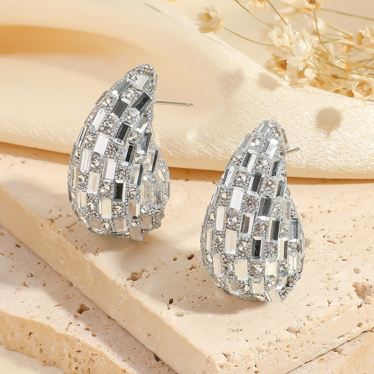 European and American Cross-border New Water Drop Round Stained Glass Full Diamond Light Luxury Earrings Fashion Earrings High-end Earrings for Women