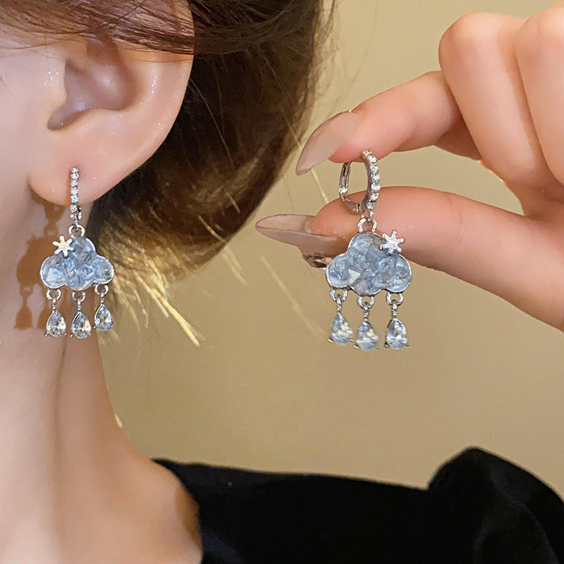 Unique Design Blue Rhinestone Earrings Cloud Tassel Earrings 2024 New Niche Accessible Luxury Versatile Earrings for Women