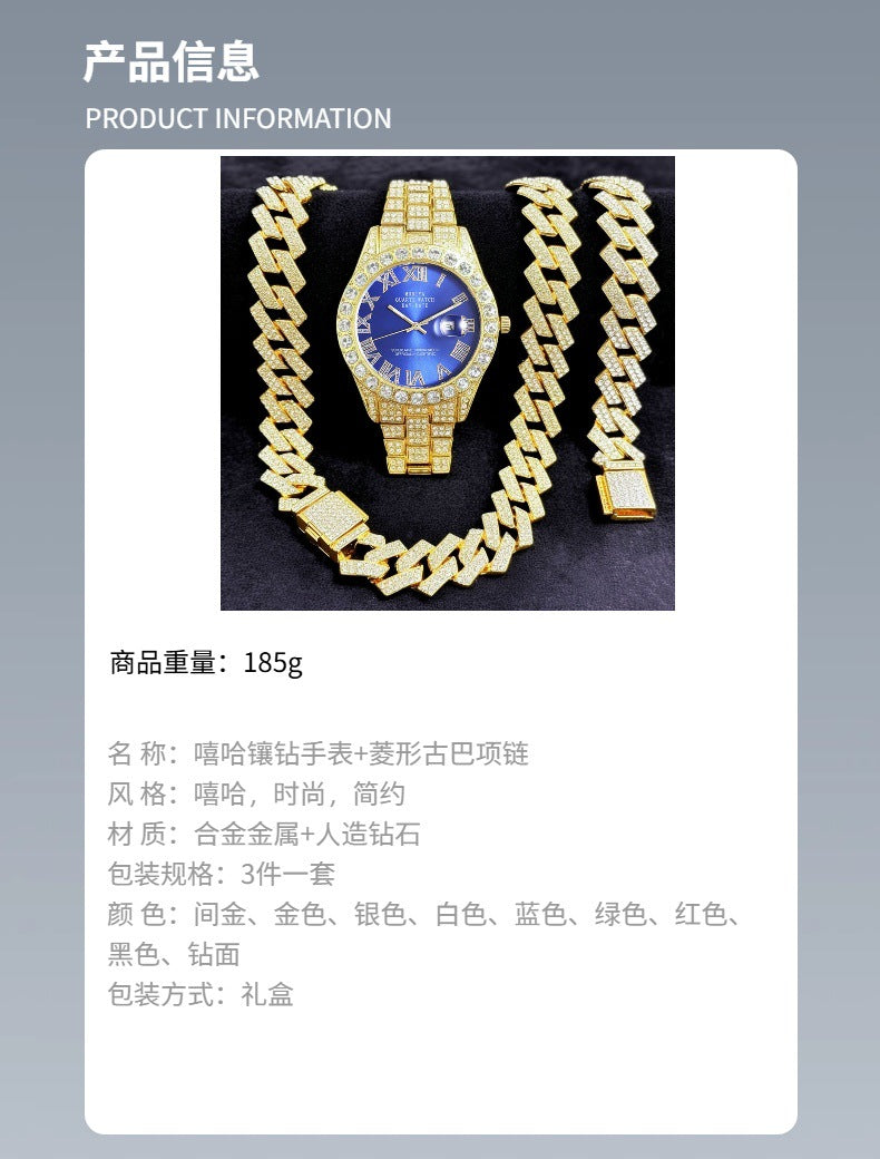 Women's 16-Piece Crystal Watch & Jewelry Set of Various Diamond-Encrusted Watches, Diamond-Shaped Cuban Bracelets and Necklaces
