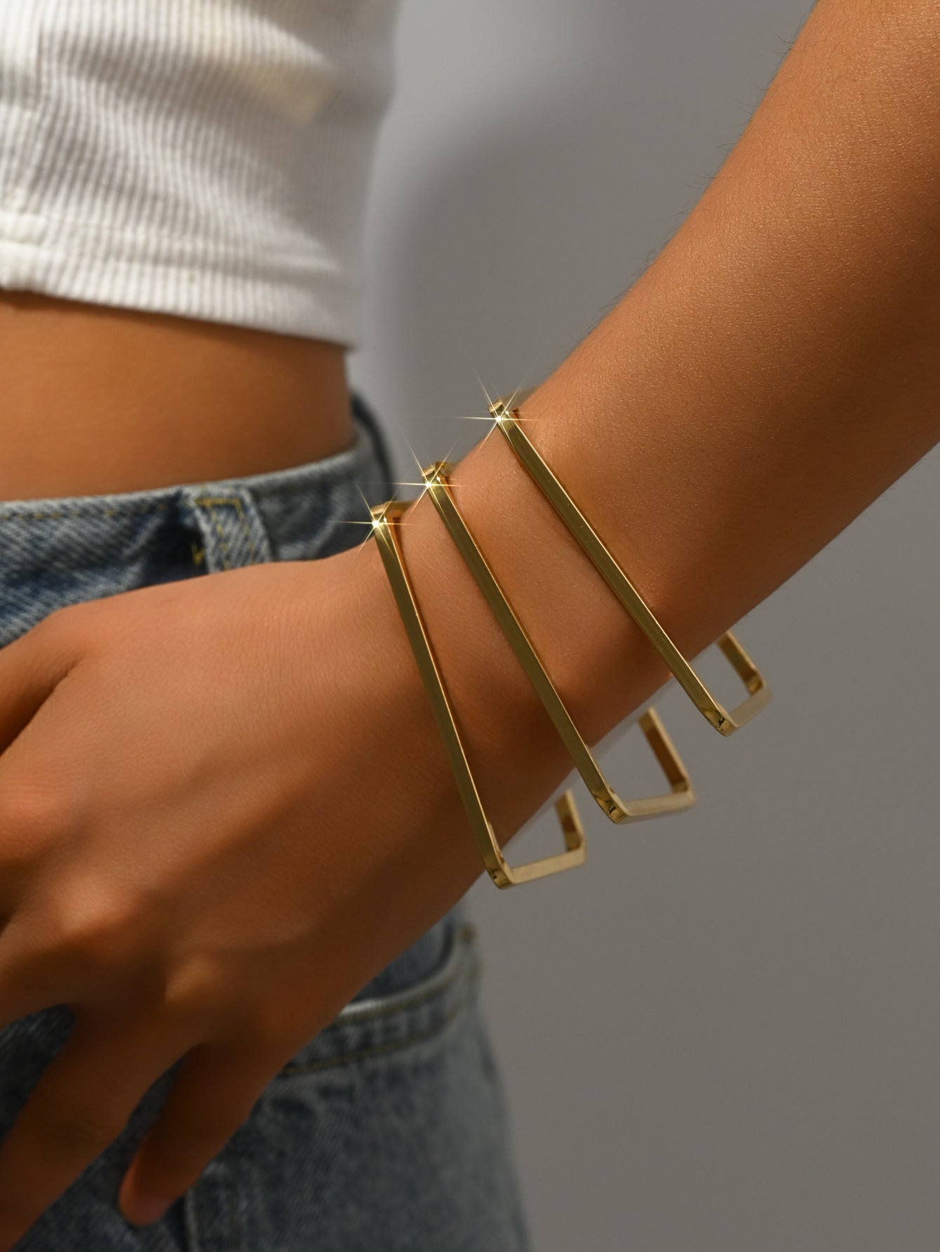 3-Piece Set of European and American Fashion Simple Stylish Generous Elegant Line Square Metal Bracelet Female Wholesale