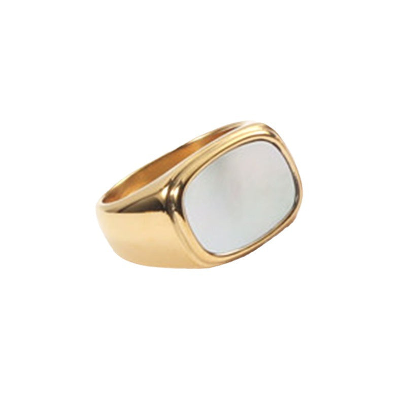 Niche Design Square White Mother-Of-Pearl Ring, Light Luxury Gold-Plated Index Finger Ring, Versatile and High-End Ring for Women