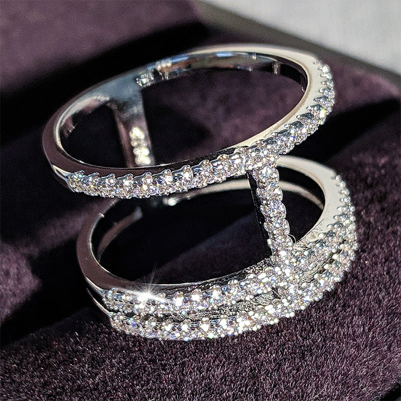 Amazon Supply Hot Selling Creative Irregular Geometric Hollow Women's Aaa Zircon Ring in stock R4875