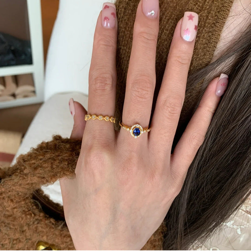 Niche Exquisite Royal Blue Zircon Ring Women's Fashion Distinctive Light Luxury All-match High-end Sense Stacked Open Finger Ring