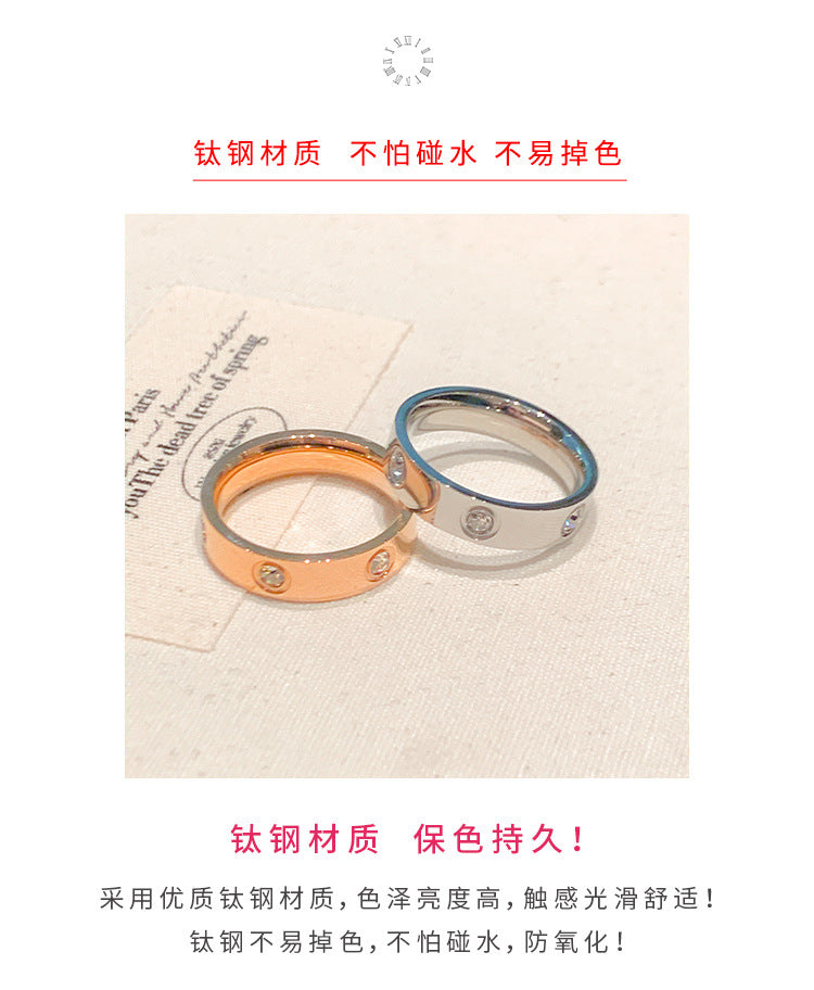 Six-Diamond Zircon Titanium Steel Ring for Women Stainless Steel Plain Ring for Women Accessible Luxury High-End Couple Ring Index Finger Ring