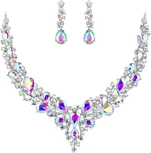 Amazon Cross-Border New European and American Light Luxury Necklace Earrings Wedding Jewelry Set Banquet Rhinestone Women's Jewelry