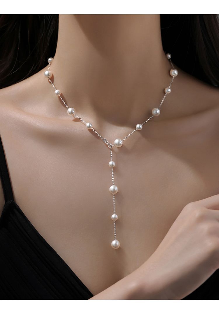 Gypsophila Pearl Necklace Women's 925 Silver Titanium Steel Perfect Round Light Luxury Niche High-End Clavicle Chain Sweater Chain