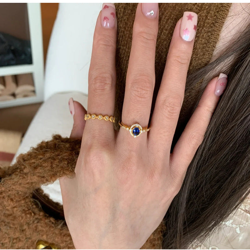 Niche Exquisite Royal Blue Zircon Ring Women's Fashion Distinctive Light Luxury All-match High-end Sense Stacked Open Finger Ring