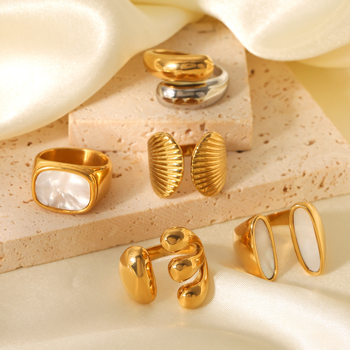 European and American stainless steel shell opening ring inlaid white shell ring women's non-fading ring high-level color matching jewelry