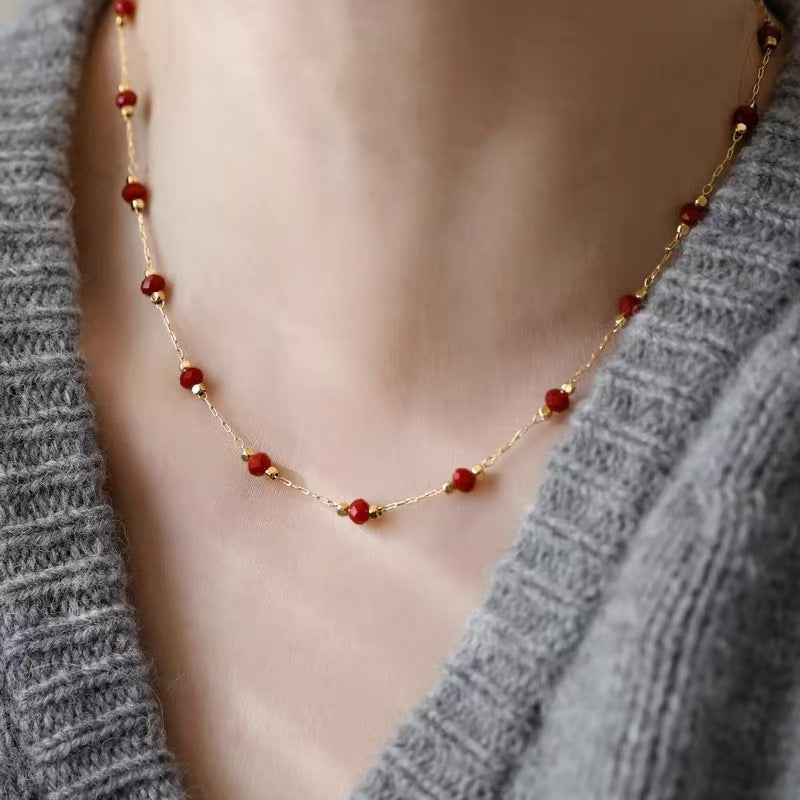 French Retro Interval Red Spinel Beaded Necklace Titanium Steel Electroplated 18K Gold High-grade Women's Clavicle Chain Light Luxury