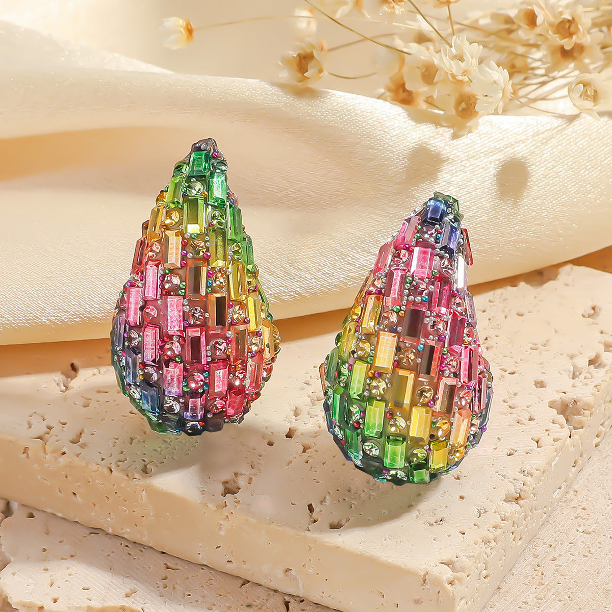 European and American Cross-border New Water Drop Round Stained Glass Full Diamond Light Luxury Earrings Fashion Earrings High-end Earrings for Women