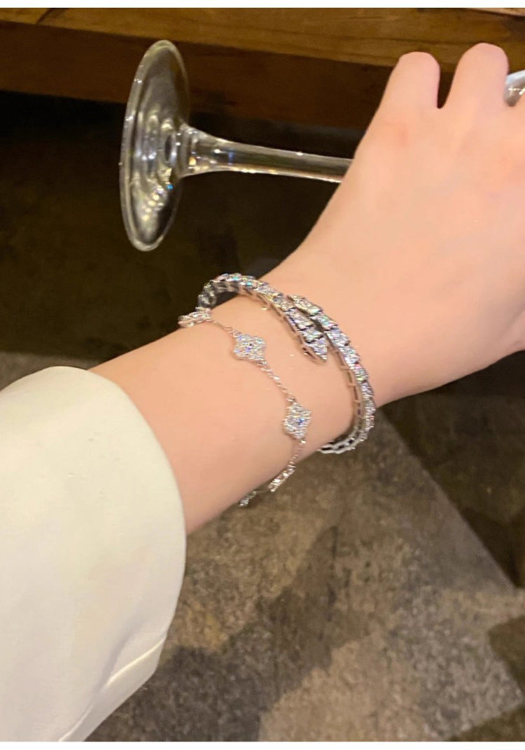 South Korea Ins Zircon Flower Leaf Bracelet Fashion Niche Design Sense Bracelet Light Luxury Shining Silver Bracelet suit