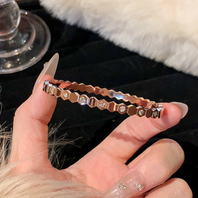 Rose Gold Titanium Steel Bracelet Women's High-end Bracelet Light Luxury Niche Zircon Bracelet Plain Ring Bracelet Hand Jewelry