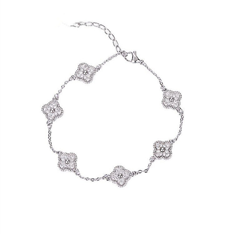 South Korea Ins Zircon Flower Leaf Bracelet Fashion Niche Design Sense Bracelet Light Luxury Shining Silver Bracelet suit
