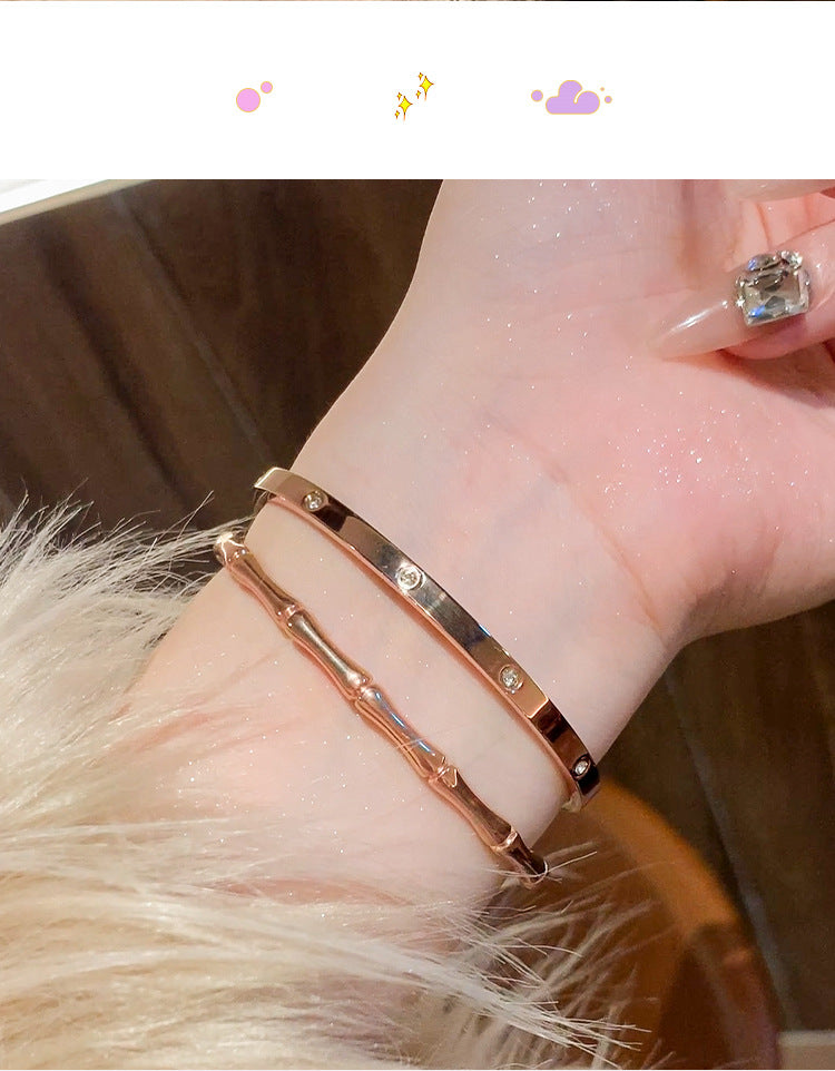 Rose Gold Titanium Steel Bracelet Women's High-end Bracelet Light Luxury Niche Zircon Bracelet Plain Ring Bracelet Hand Jewelry