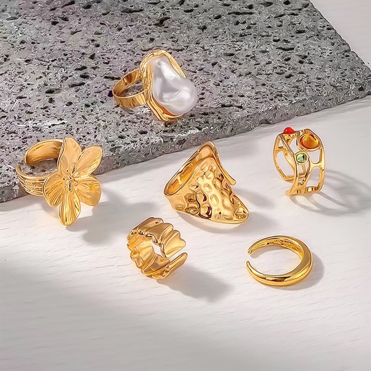 European and American Baroque-Style Faux Pearl Ring Set for Women, Niche Exaggerated Open Rings, Vintage Floral Rings