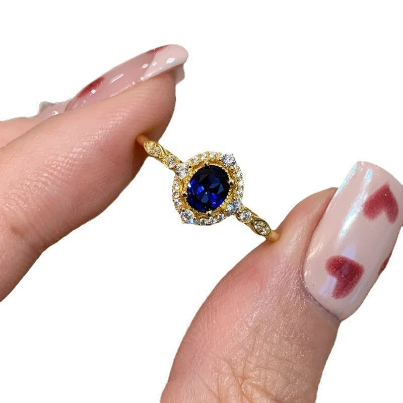 Niche Exquisite Royal Blue Zircon Ring Women's Fashion Distinctive Light Luxury All-match High-end Sense Stacked Open Finger Ring