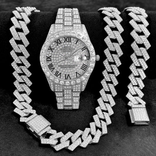 Women's 16-Piece Crystal Watch & Jewelry Set of Various Diamond-Encrusted Watches, Diamond-Shaped Cuban Bracelets and Necklaces