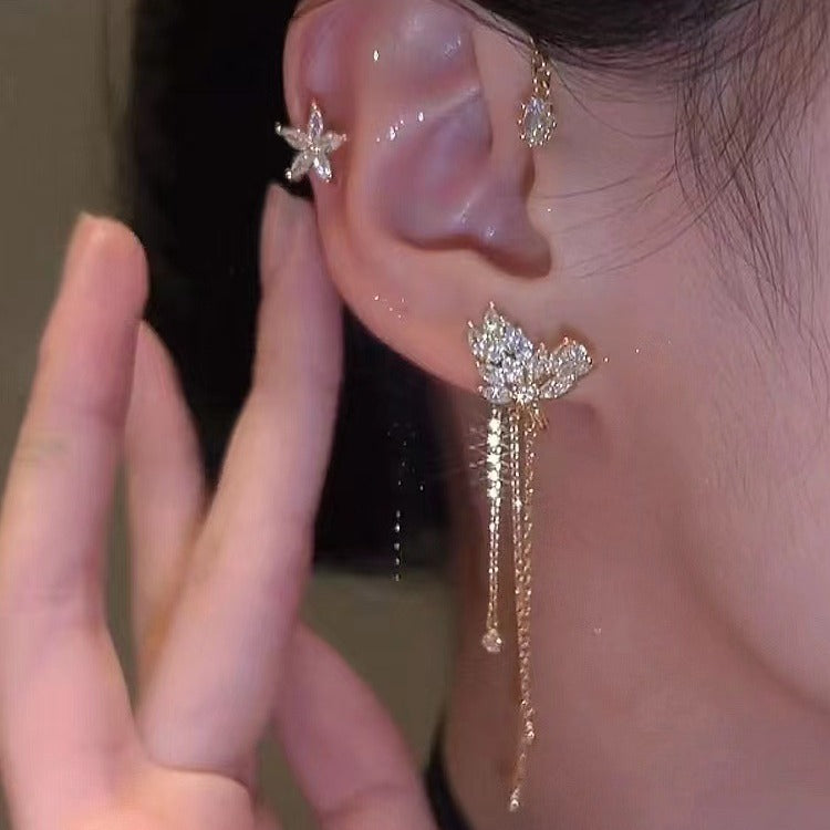 Super fairy Crystal tassel earrings long non-pierced high-grade earrings 2024 new popular niche earrings earrings earrings