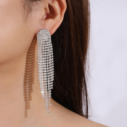 Long Rhinestone Tassel Earrings Simple Tassel Earrings Bridal Wedding Banquet Light Luxury Ladies Earrings European and American Jewelry