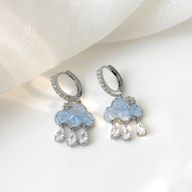 Unique Design Blue Rhinestone Earrings Cloud Tassel Earrings 2024 New Niche Accessible Luxury Versatile Earrings for Women