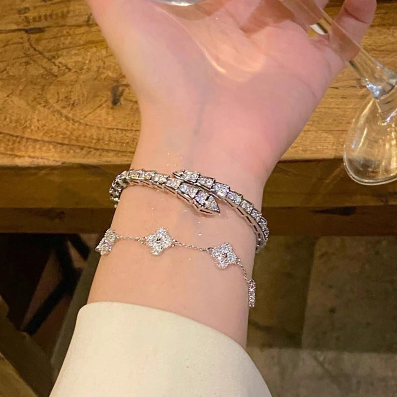 South Korea Ins Zircon Flower Leaf Bracelet Fashion Niche Design Sense Bracelet Light Luxury Shining Silver Bracelet suit