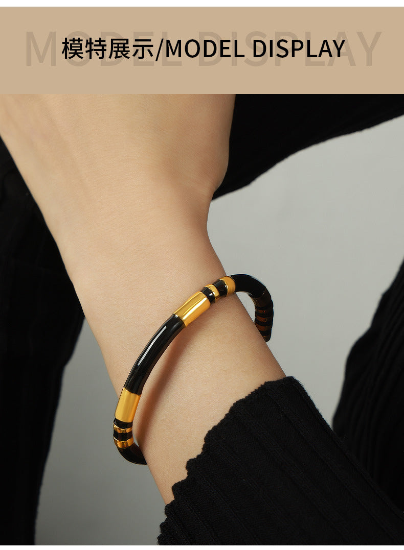 French Retro Bracelet Niche Design Personalized Wind Weight Glaze Bracelet Open Contrast Color Bamboo Gold-plated Bracelet for Women