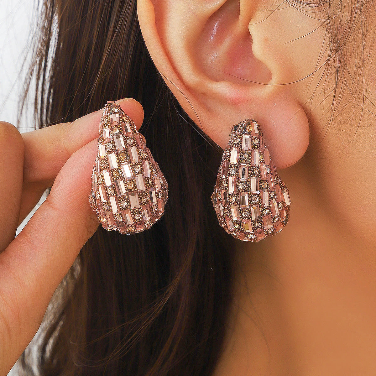 European and American Cross-border New Water Drop Round Stained Glass Full Diamond Light Luxury Earrings Fashion Earrings High-end Earrings for Women