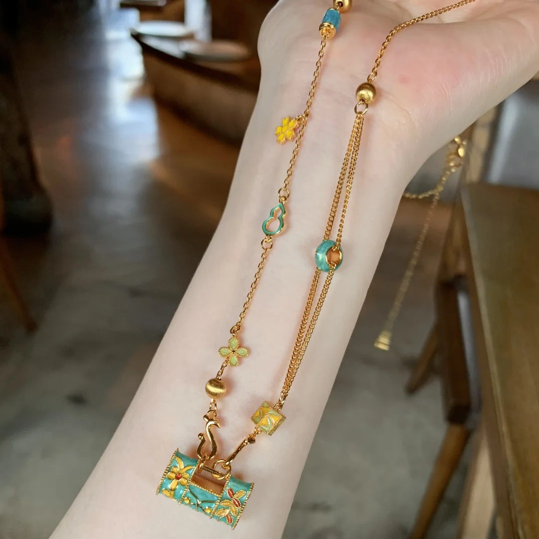 New Boutique Light Luxury High-grade Brushed Inlaid Zircon Enamel Longlife Lock Necklace Female Niche All-match Clavicle Chain
